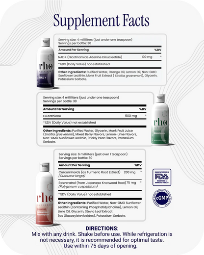 Rho Nutrition - Cellular Health Essentials Bundle – Liquid Liposomal Supplements for Healthy Aging & Cellular Support - NAD+, Curcumin + Resveratrol, & Glutathione (3 Pack)